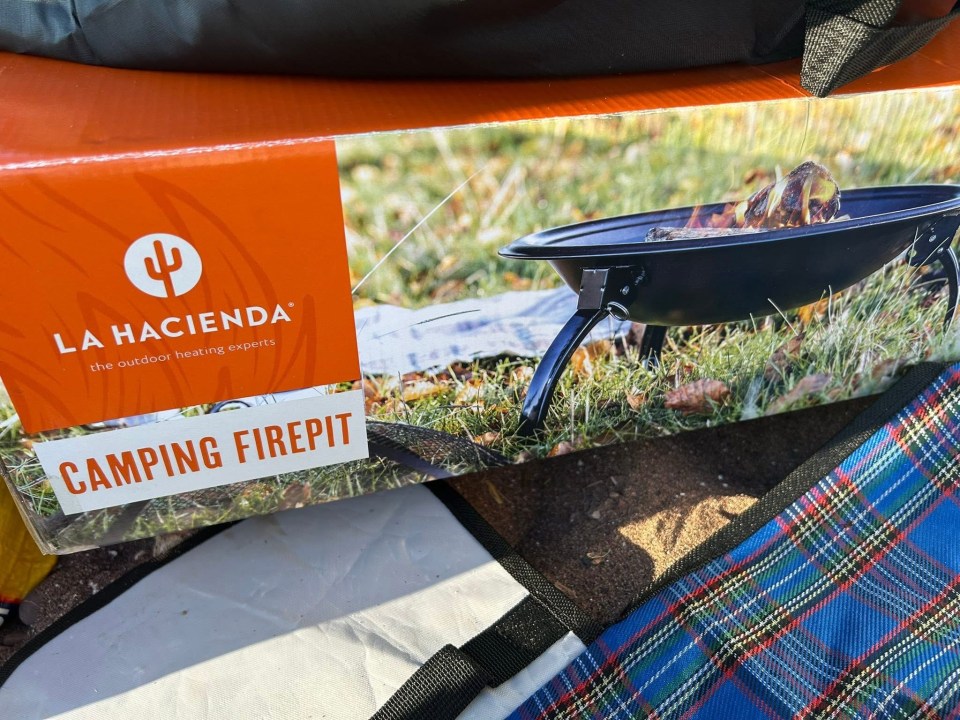 Portable camping fire pit in box.