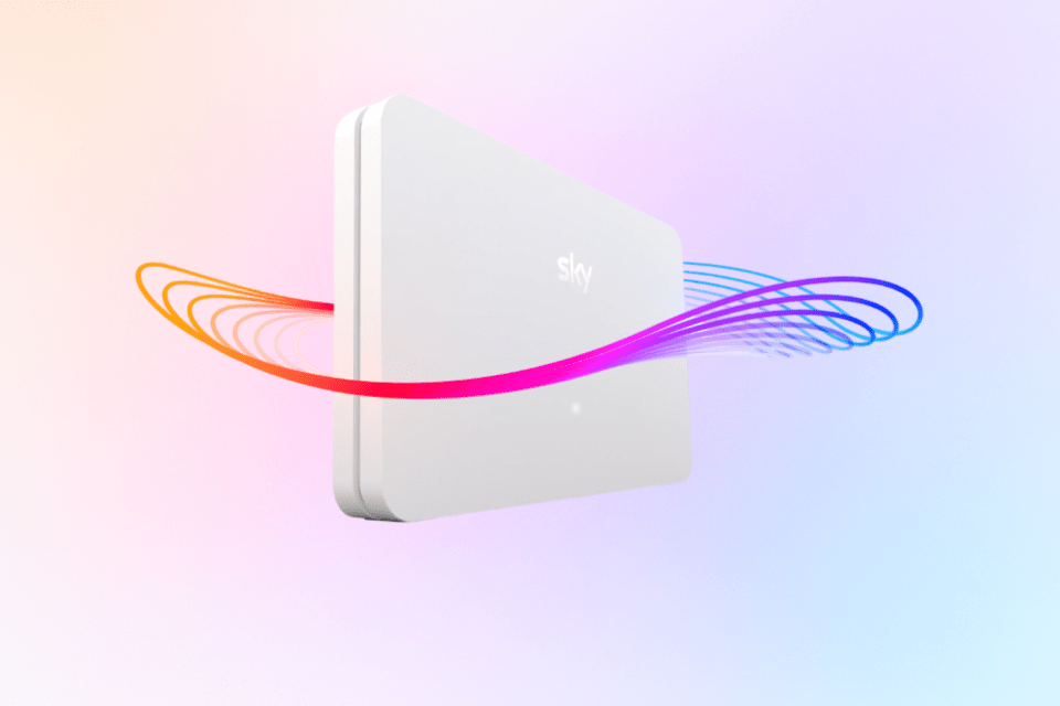 Sky broadband router with colorful streaming lines.