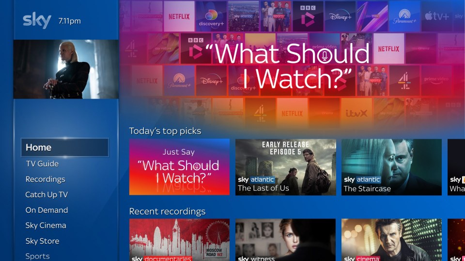 Sky TV guide showing available channels and programs.