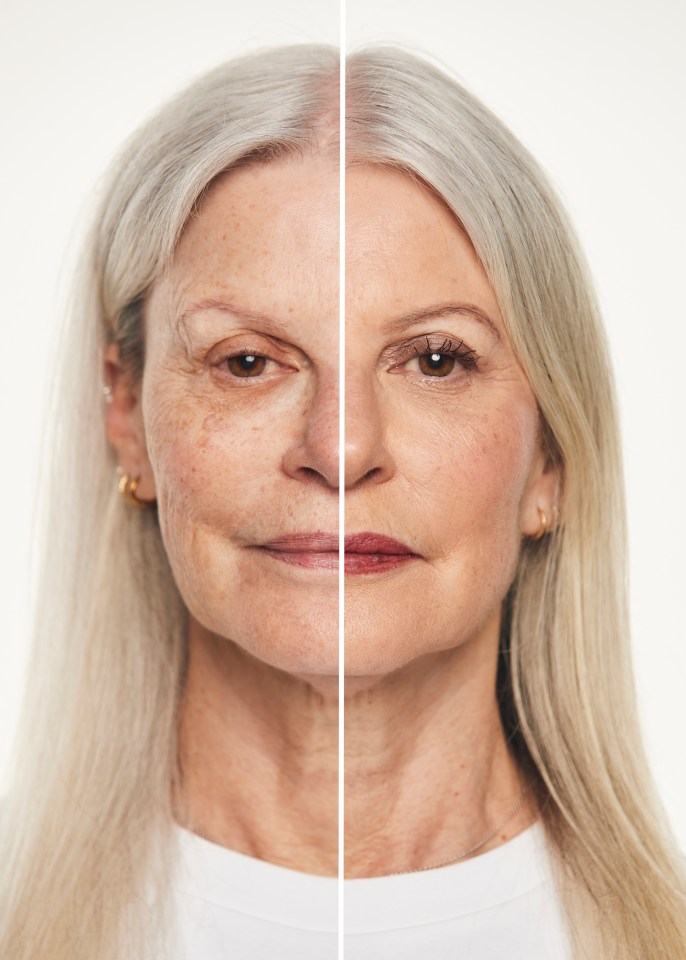 Before and after makeup application on mature skin.