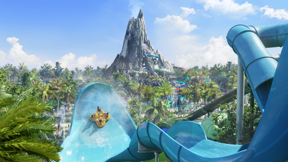 Illustration of people on a water slide at Volcano Bay water park.