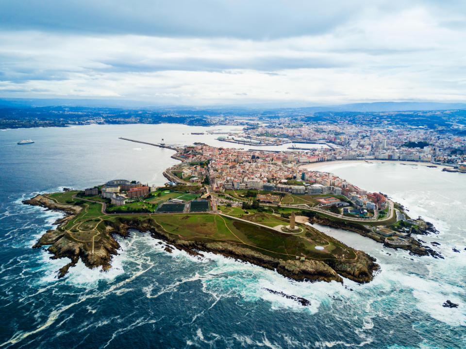 Aerial panoramic view of A Coruna peninsula in Galicia, Spain.