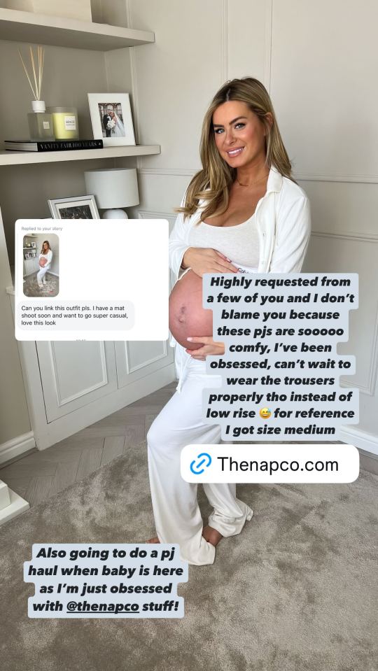 Pregnant woman in white pajamas, promoting them as comfortable.