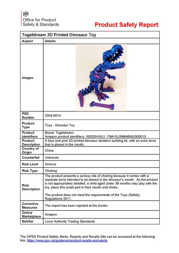 Image of a recalled 3D-printed dinosaur toy.