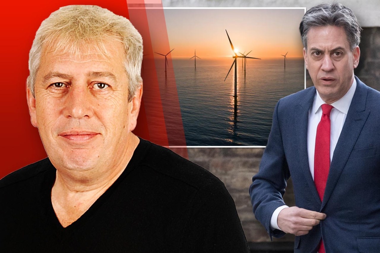 Collage of Rod Liddle, offshore wind turbines, and Ed Miliband.