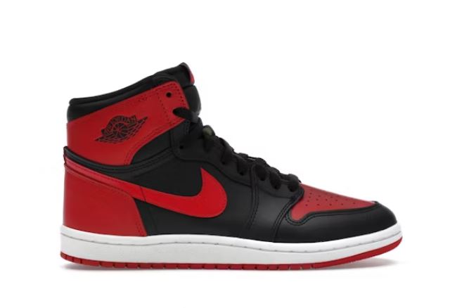 Black and red Air Jordan 1 shoe.