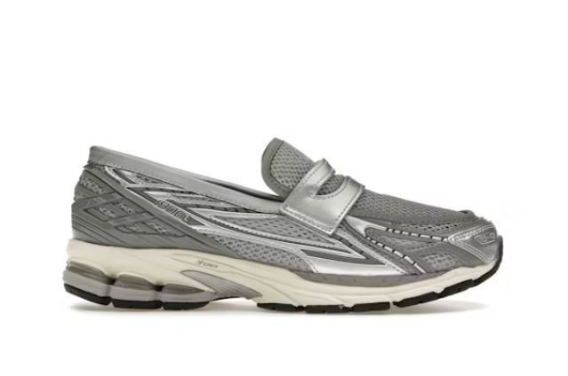 Silver slip-on sneakers.