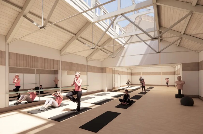 Illustration of a renovated leisure center's fitness studio with people exercising.