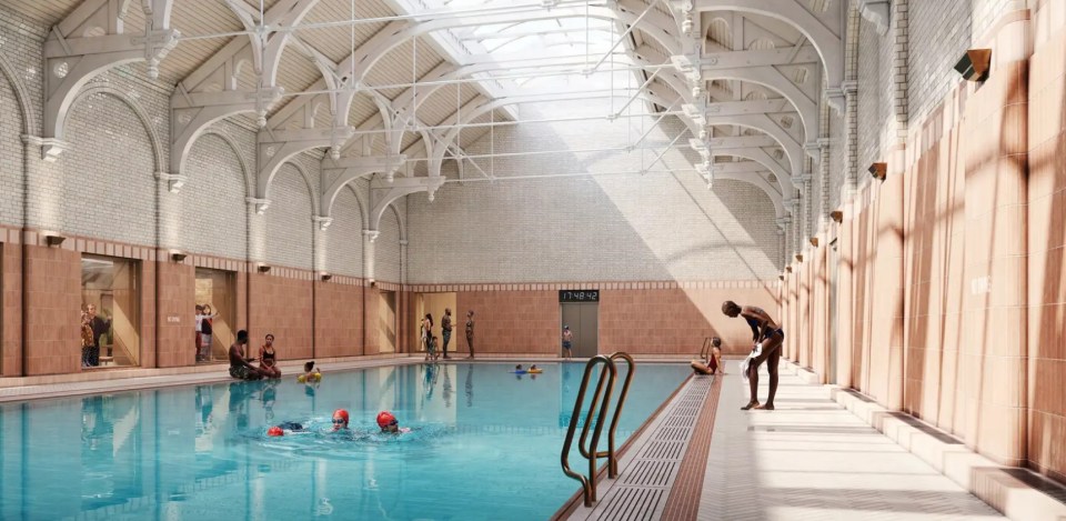 Illustration of an indoor swimming pool with people swimming and relaxing.