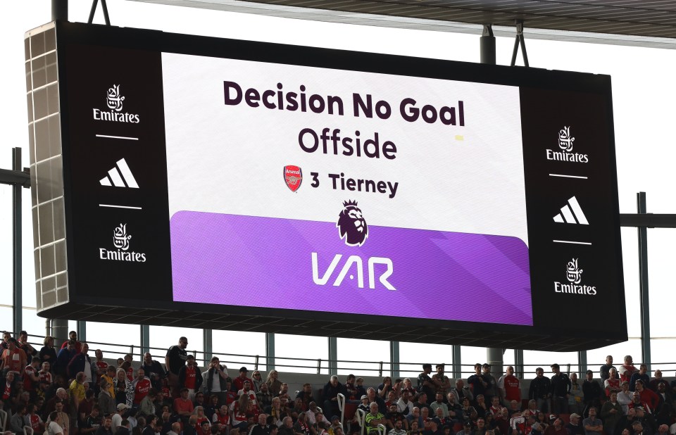 Stadium scoreboard shows VAR decision: no goal, offside, Tierney #3.