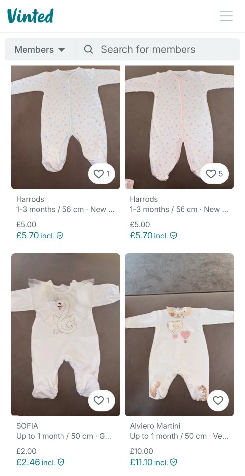 Collage of four baby onesies for sale on Vinted.
