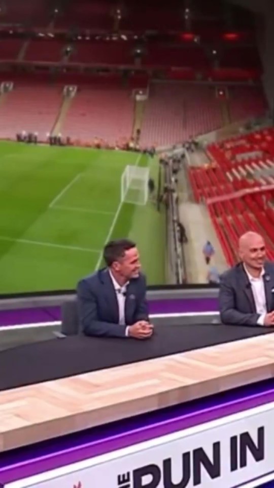 Virgil van Dijk and Michael Owen on a sports show set, with a stadium backdrop.