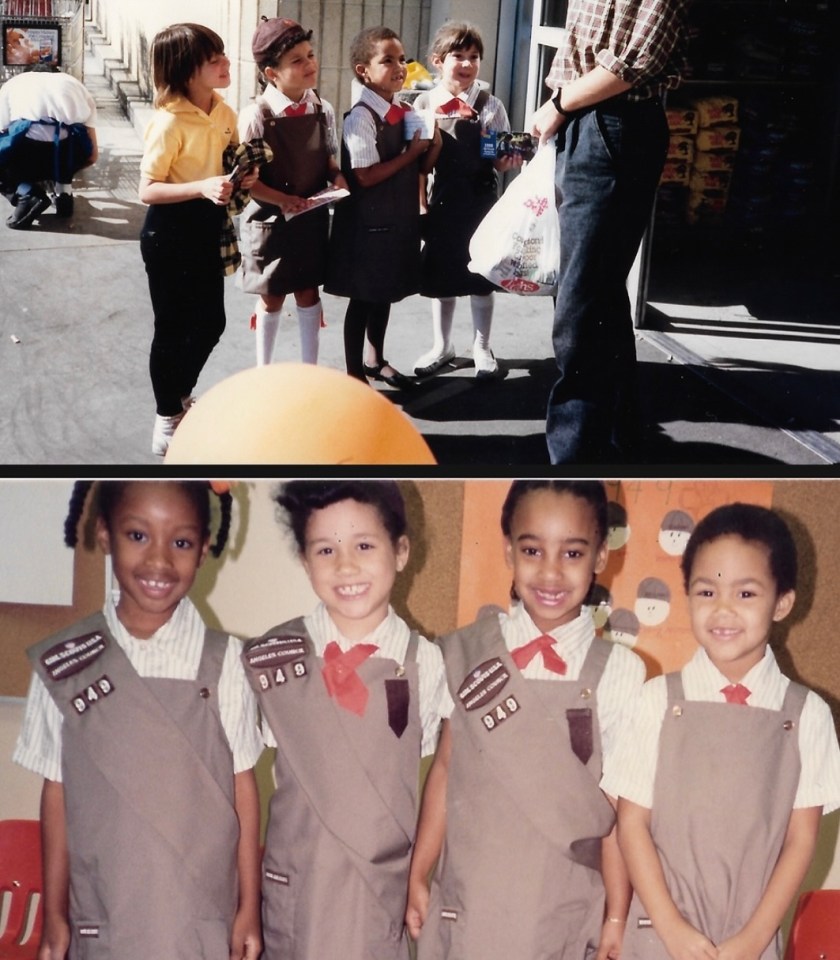 Collage of young girls in Girl Scout uniforms.