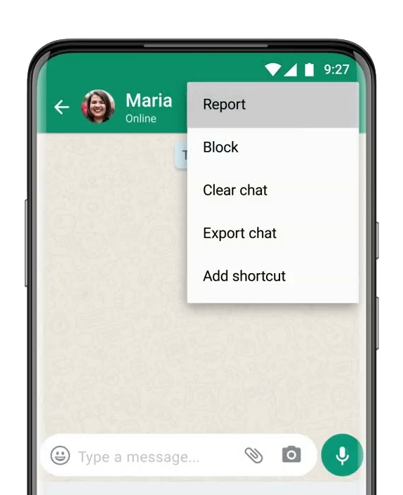 WhatsApp chat options menu: report, block, clear chat, export chat, add shortcut.