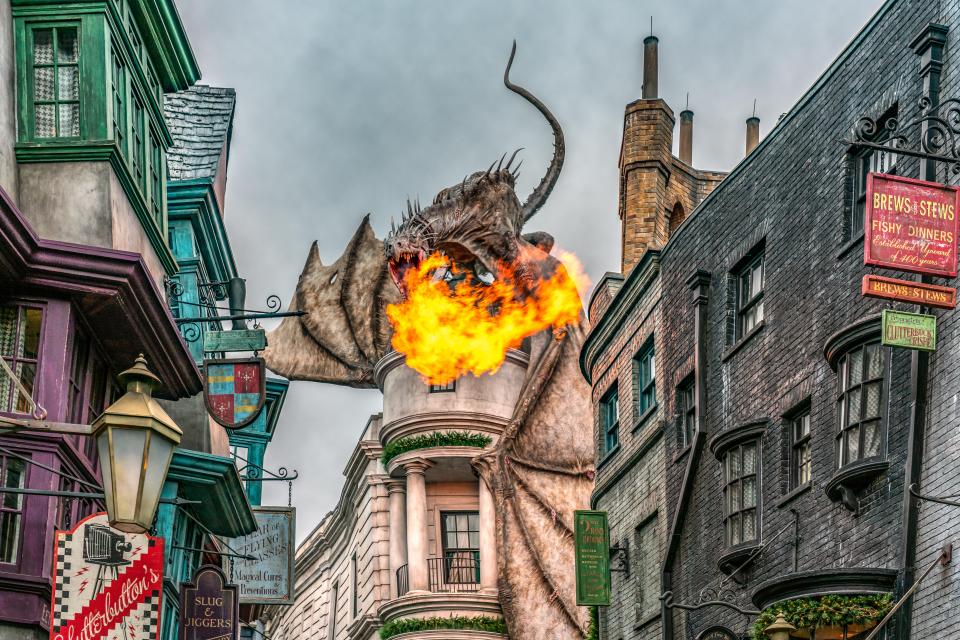 Fire-breathing dragon over Gringotts Bank in the Wizarding World of Harry Potter.