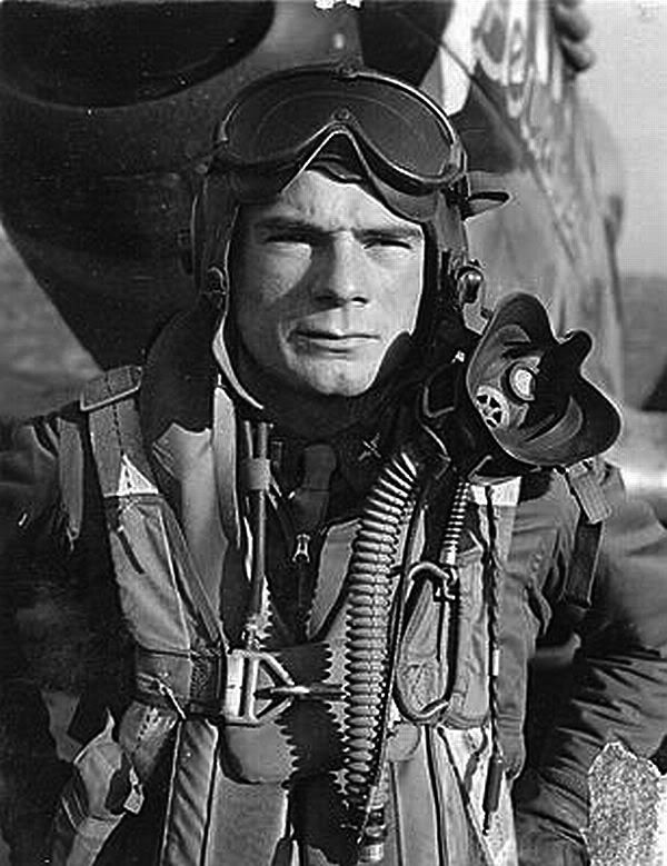 Black and white photo of Colonel Joseph Peterburs in flight gear.