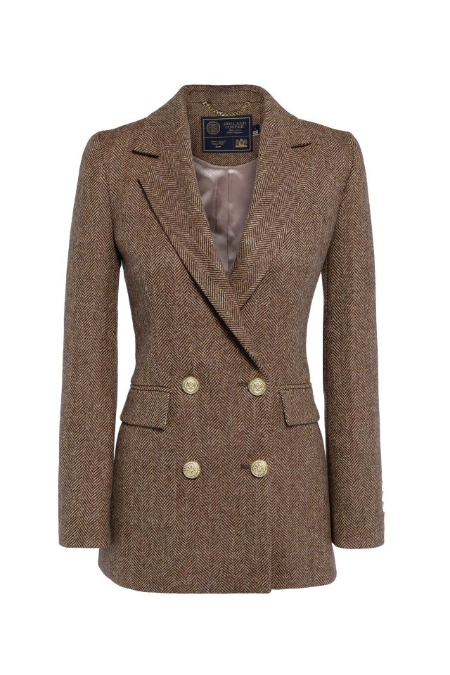 Brown herringbone double-breasted blazer.