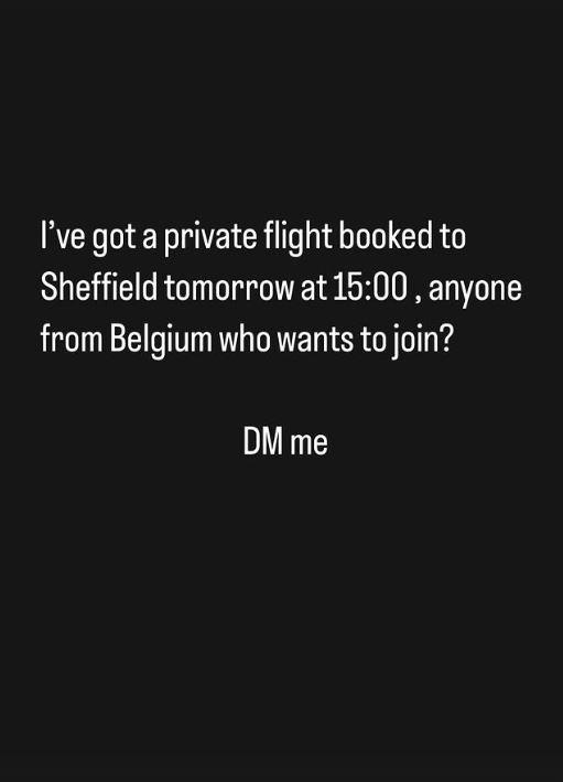 Screenshot of Instagram story asking if anyone from Belgium wants to join a private flight to Sheffield.