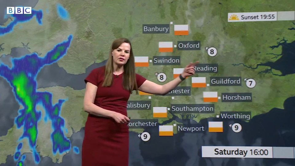 Weather presenter giving a Saturday weather forecast.