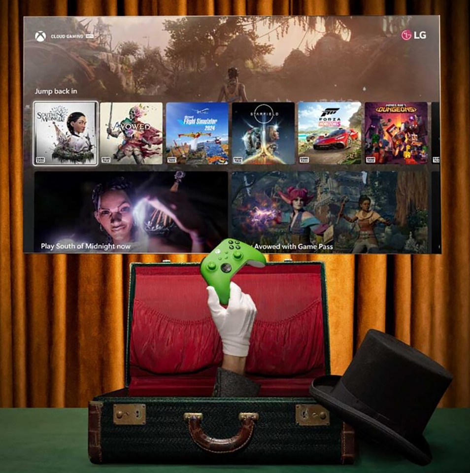 Xbox cloud gaming on LG TV with game controller in suitcase.