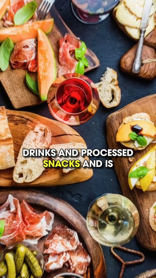 Overhead shot of various foods and drinks, including cured meats, fruit, bread, and wine.