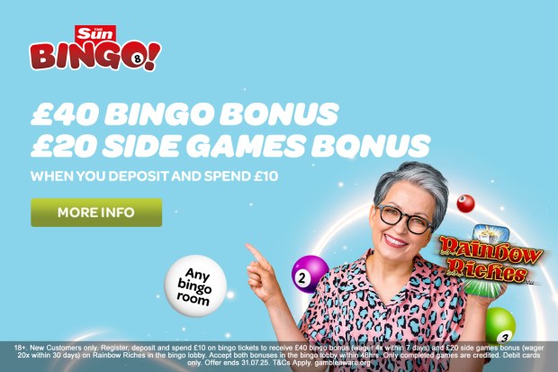 Illustration of a woman holding a phone showing a bingo game, advertising a £40 bingo bonus and £20 side games bonus when depositing and spending £10.