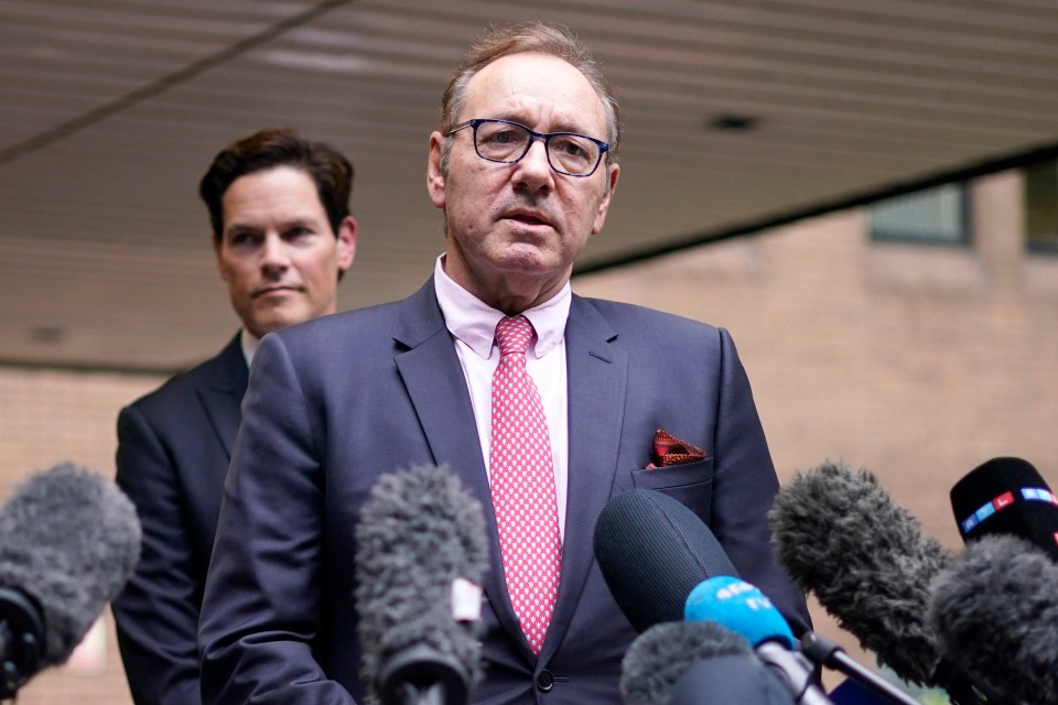 Kevin Spacey addressing the media.