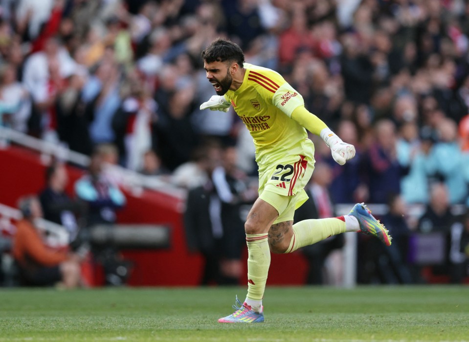 Arsenal's David Raya celebrates a goal.