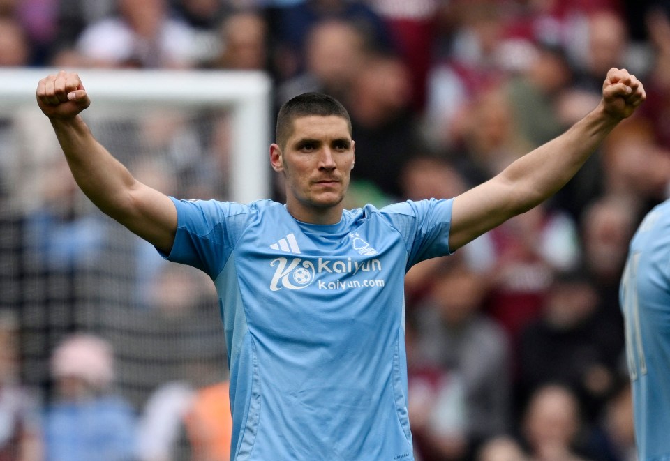 Nikola Milenkovic of Nottingham Forest celebrates scoring a goal.