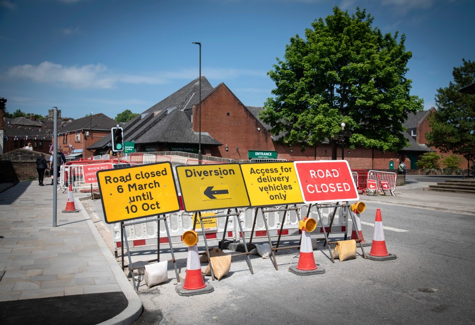 Road closed signs and traffic cones in Ashbourne, Derbyshire.