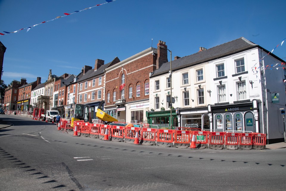 Roadworks in Ashbourne, Derbyshire market place.