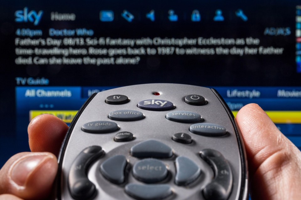 Hand holding Sky TV remote control.