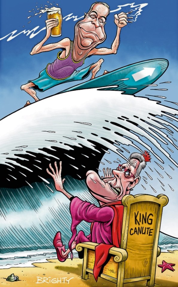 Illustration of a man surfing while holding a beer, overtaking another man sitting on a throne labeled "King Canute" who is being hit by a wave.