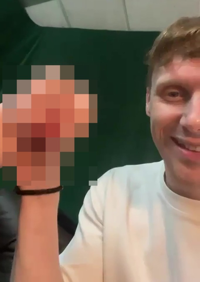 A pixilated image of a sex toy held by Jamie Borthwick.