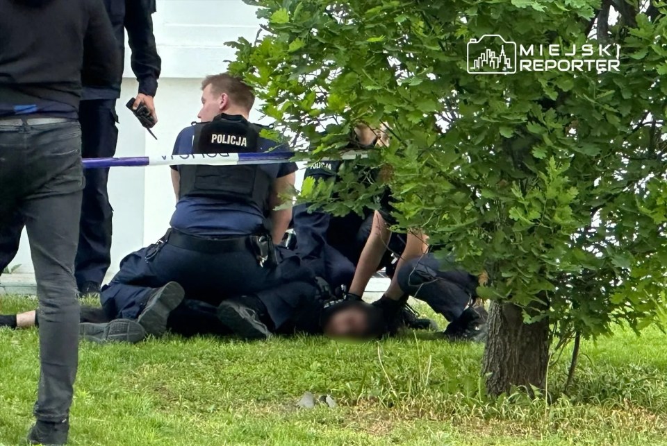 Police officers arresting a suspect on the ground.