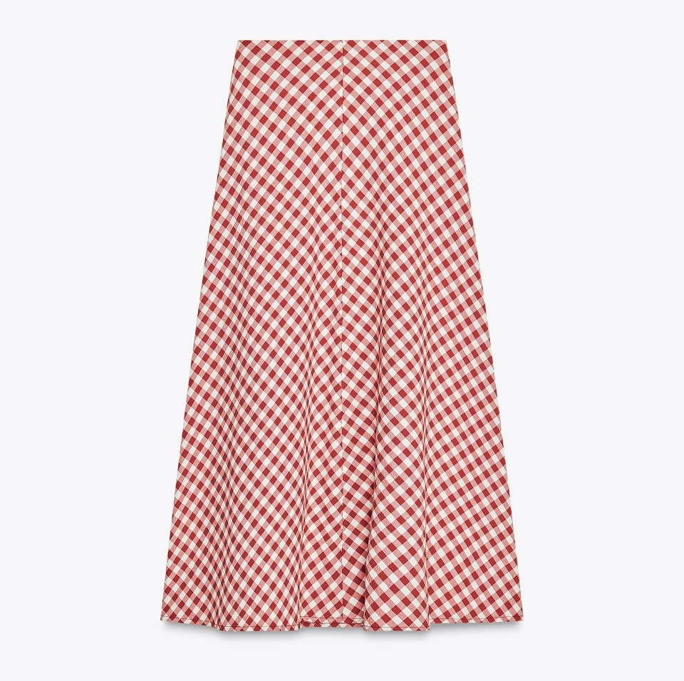 Red and white gingham midi skirt.