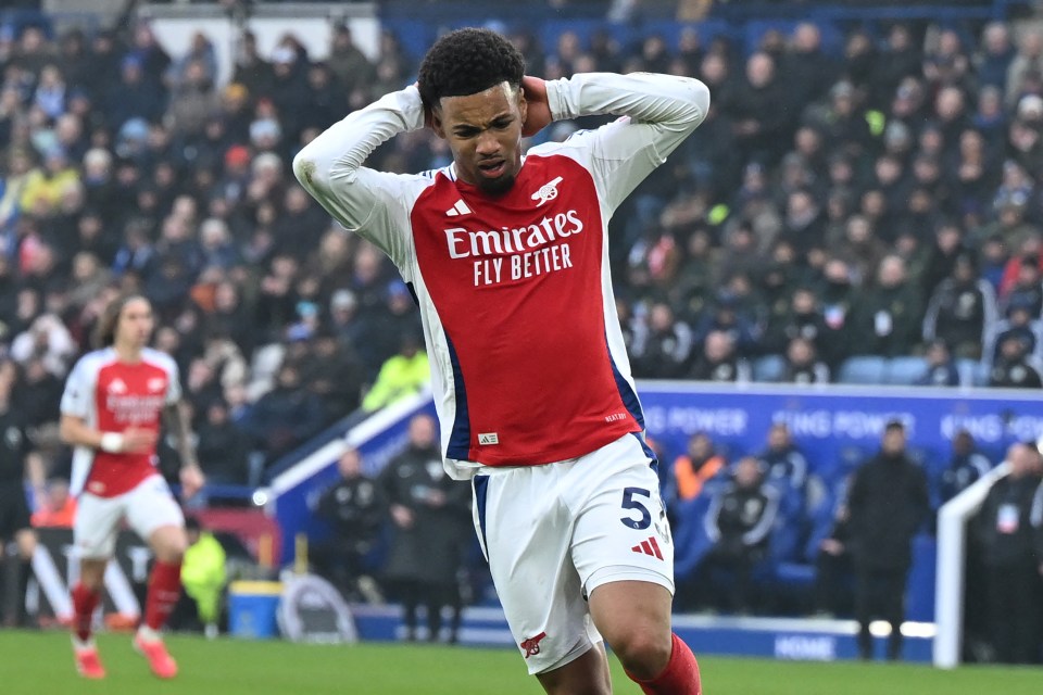 Ethan Nwaneri, Arsenal midfielder, reacts after missing a scoring opportunity.