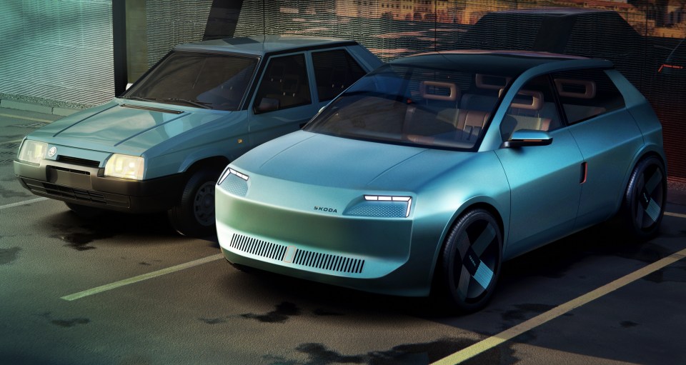 Illustration of a modern electric Škoda Favorit next to a classic Škoda Favorit.