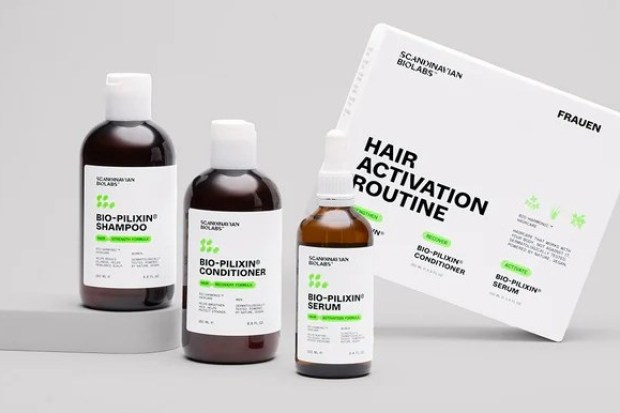 Scandinavian Biolabs hair activation routine set with shampoo, conditioner, and serum.