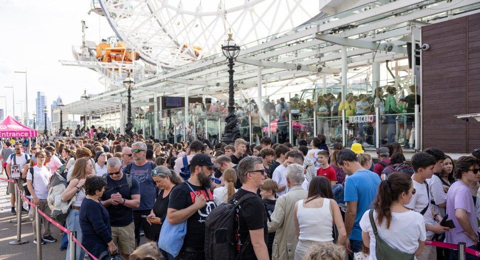 Large crowd of people waiting in line at the London Eye.