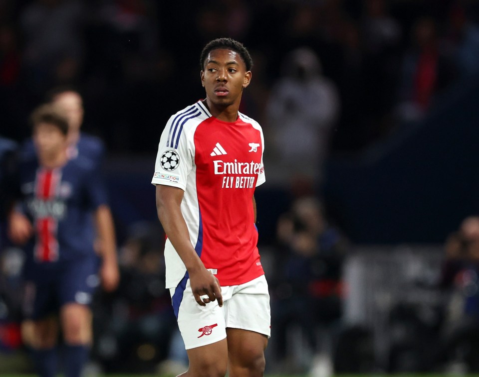 Myles Lewis Skelly of Arsenal looking disappointed during a soccer match.