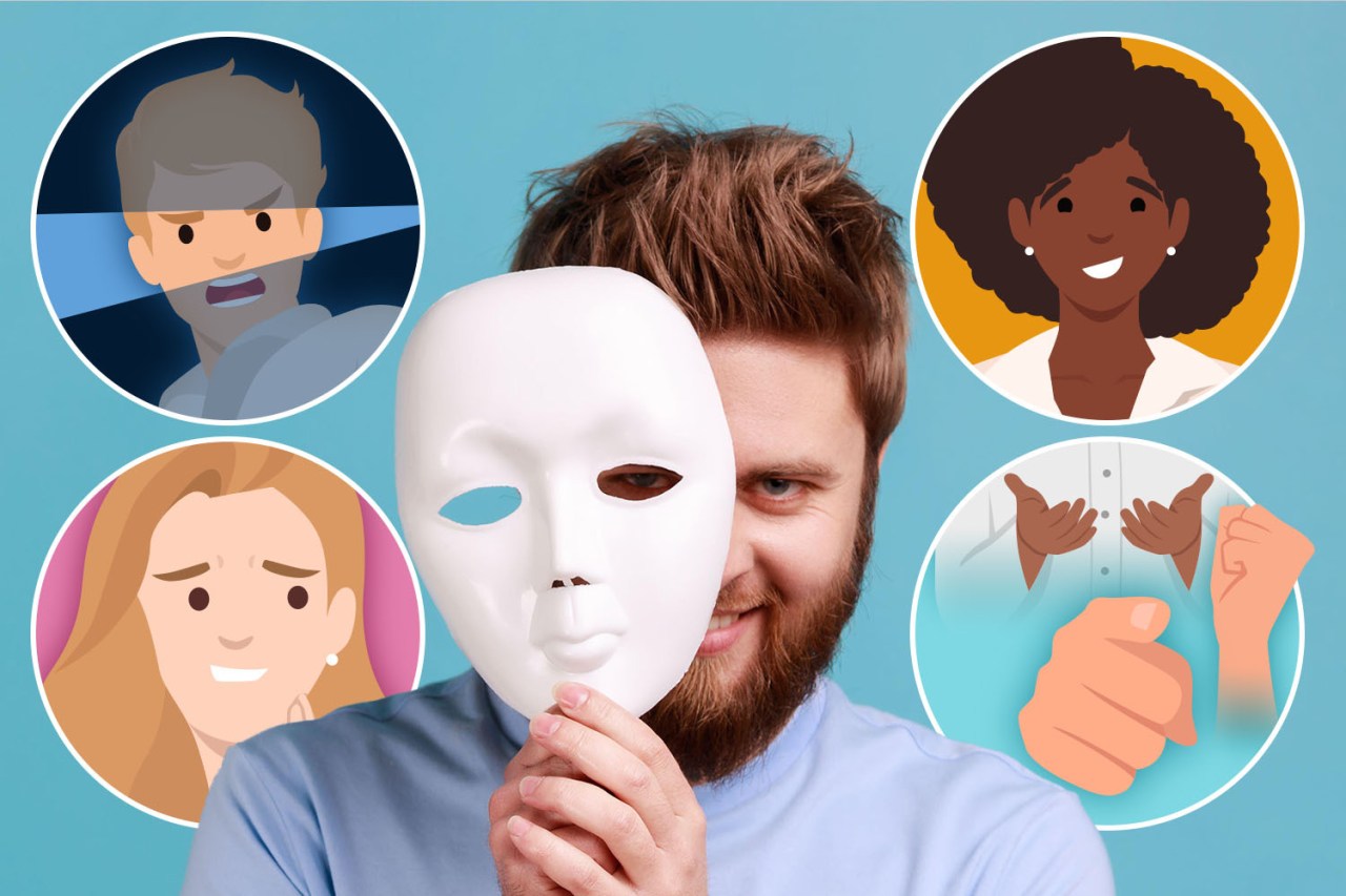 Illustration of a man holding a white mask in front of his face, with illustrations of other people's faces and gestures around him.