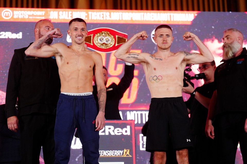 Liam Davies and Kurt Walker (right) during the weigh in at the Albert Hall, Nottingham. Picture date: Friday May 9, 2025. PA Photo. See PA story BOXING Nottingham. Photo credit should read: Mike Egerton/PA Wire. RESTRICTIONS: Use subject to restrictions. Editorial use only, no commercial use without prior consent from rights holder.