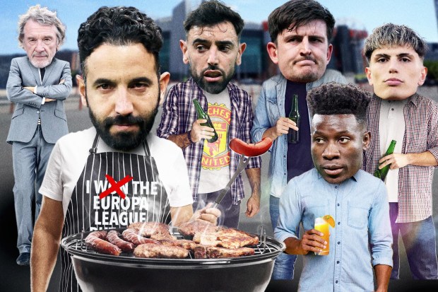 Illustration of a group of men at a barbecue, some with oversized heads. One man wears an apron that says "I won't the Europa League".