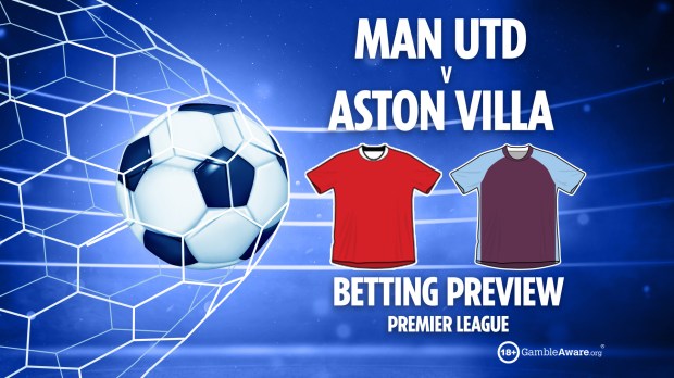 Illustration of a soccer ball in a net, Man Utd vs Aston Villa jerseys, and betting preview text.