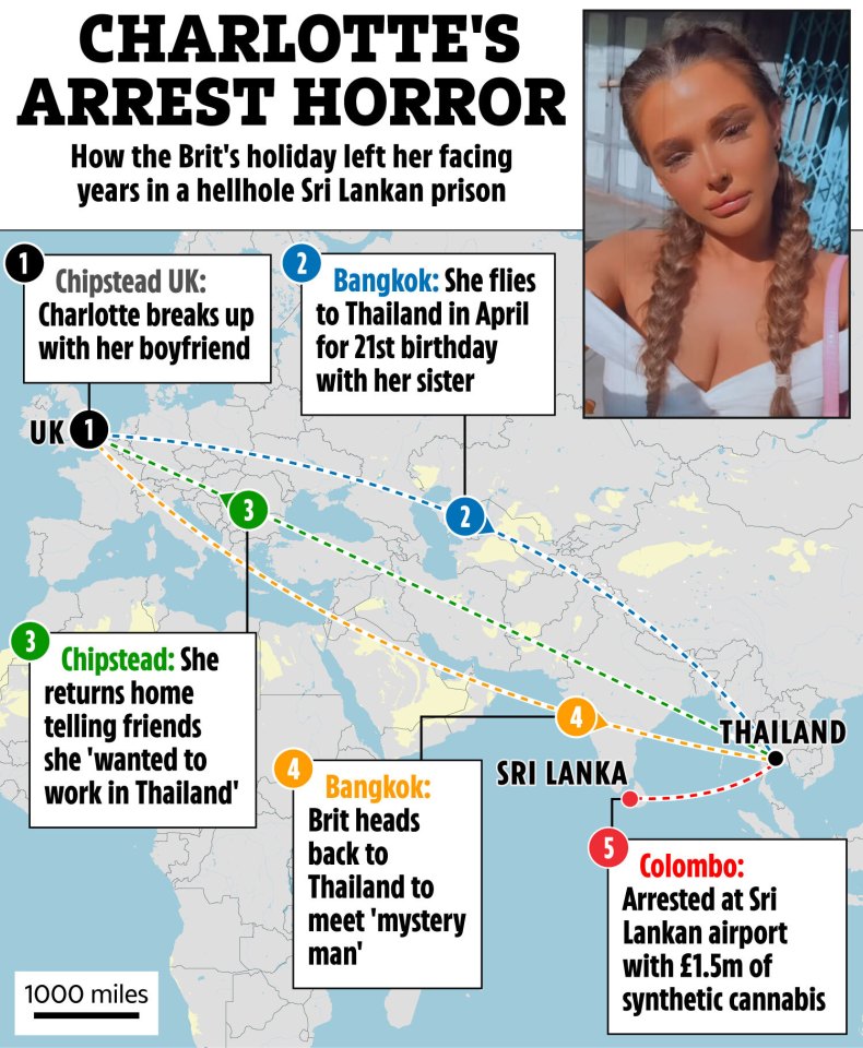 Illustration of a map showing a woman's travel route, culminating in her arrest in Sri Lanka for drug smuggling.