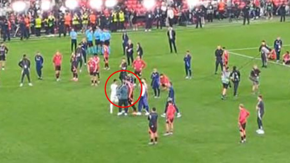 Soccer players on the field after a game.