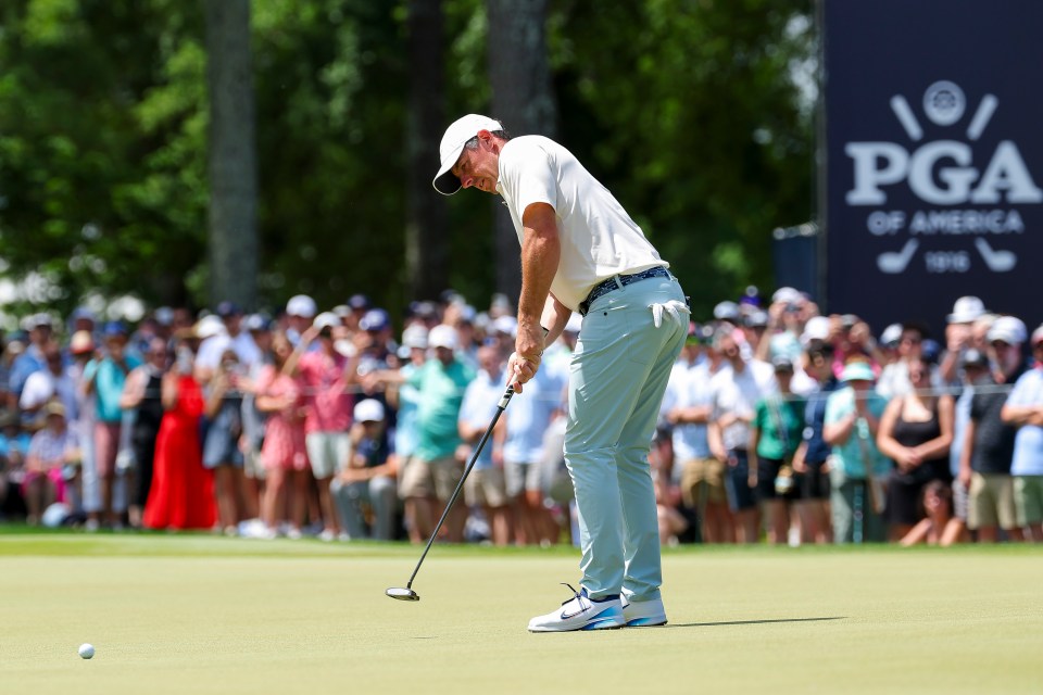 CHARLOTTE, NORTH CAROLINA - MAY 18: Rory McIlroy of Northern Ireland putts on the ninth green during the final round of the PGA Championship at Quail Hollow Country Club on May 18, 2025 in Charlotte, North Carolina. (Photo by Kevin C. Cox/Getty Images)