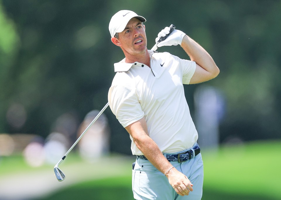 CHARLOTTE, NORTH CAROLINA - MAY 18: Rory McIlroy of Northern Ireland reacts to hi second shot on the ninth hole during the final round of the PGA Championship at Quail Hollow Country Club on May 18, 2025 in Charlotte, North Carolina. (Photo by David Cannon/Getty Images)
