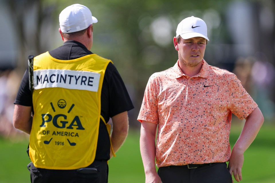 CHARLOTTE, NORTH CAROLINA - MAY 17: Robert MacIntyre of Scotland looks on from the 10th green with his caddie, Mike Burrow, during the third round of the PGA Championship at Quail Hollow Country Club on May 17, 2025 in Charlotte, North Carolina. (Photo by Andrew Redington/Getty Images)